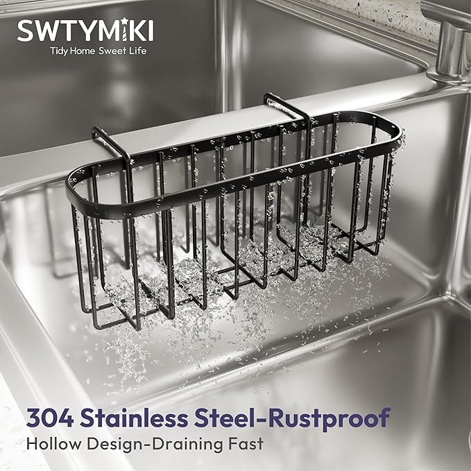 SWTYMIKI Sponge Holder for Kitchen Sink with Partition, Movable Kitchen Sink Caddy with Compact Size Stainless Steel Hanging Sink Sponge Caddy for Double Bowl Sinks, Black