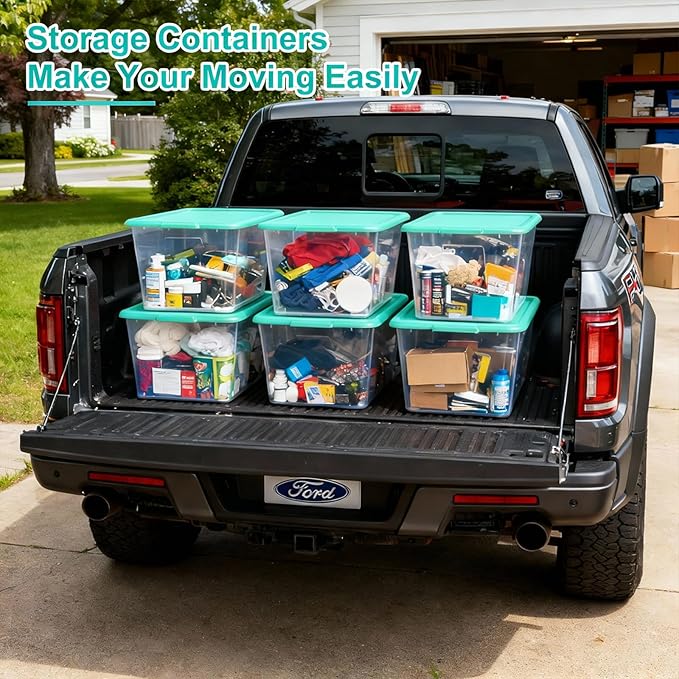 Storage Totes with Lids - Made in USA 14.5-Gallon (58-Quart) 4-Pack Aqua Storage Bins with Lids Plastic Storage Containers Large Storage Boxes for Organizer Aqua/Clear