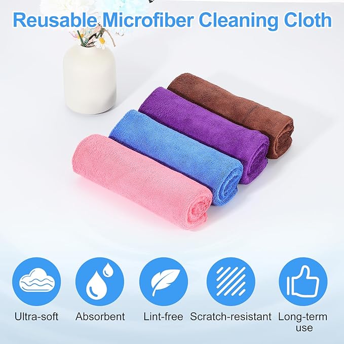 HARFINGTON 4 Pack Microfiber Cleaning Cloth, 10" x 10" Multi-Functional Cleaning Towels Reusable Absorbent Rags with Hook for Car Wash Kitchen Household Window Clean, Sapphire Blue