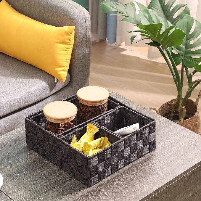 Storage Bins Woven Organizer Set of 4 – Polypropylene Storage Baskets with Metal Frame, Stackable Fabric Boxes for Drawers, Closet, Shelf, Nursery and Office, Brown