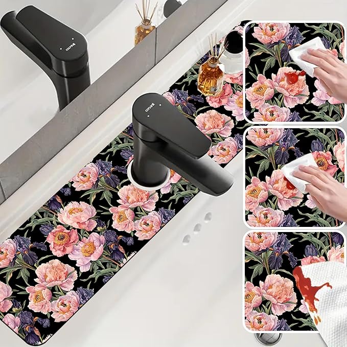 Sink Splash Guard Faucet Mat Peony and Iris Flowers Absorbent Fast Drying Mat Sink Gadgets Splash Guard Behind Faucet Drip Catcher for Kitchen Bathroom 23.5"X5.5"