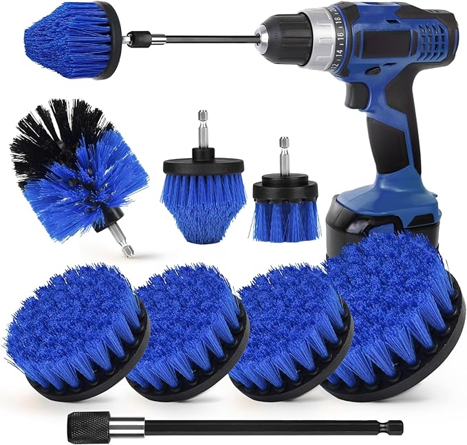 Drill Brush Attachment Set, 7 Pack 1/4in Power Scrubber Brush + Extend Long Rod, Brush Drill Attachment, Power Cleaning Scrub Brush for Bathroom, Tub, Tile, Corner（Blue）