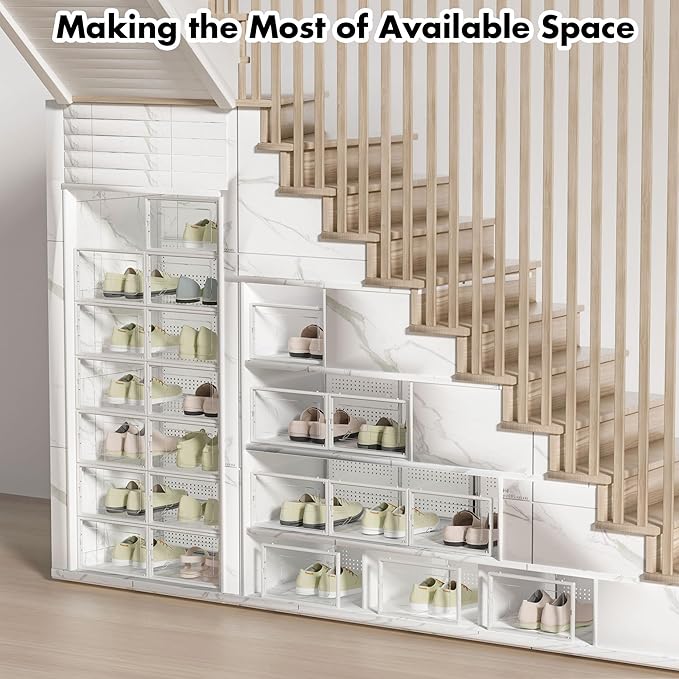 Foluck Shoe Storage Box, 15 Pack Clear Plastic Stackable Shoe Organizer for Closet, Interlocking Design Shoe Container Bins for Sneakers, Foldable Shoe Rack with Lids, White