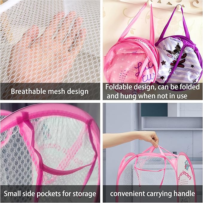 Cute Mesh Popup Laundry Hamper with Carry Handles, Large Capacity Foldable Lightweight Dirty Clothes Basket for Girls Room, Dorm | Travel & Camping