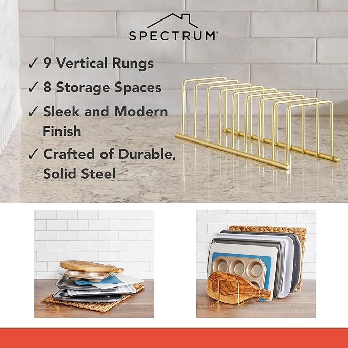 Spectrum Euro Kitchen Organizer Metal Dish Rack Cutting Board Holder Stand for Countertop or Inside Cabinet Organization, 8 Slot Cutting Board Plate Drying Rack for Bakeware Storage, Gold