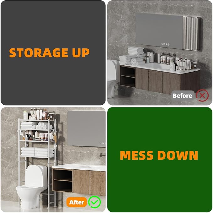 4-Tier Over The Toilet Storage Cabinet, Space Saver Over Toilet Bathroom Organizer and Storage, Metal Shelves for Bathroom/Living Room/Laundry/Balcony, White