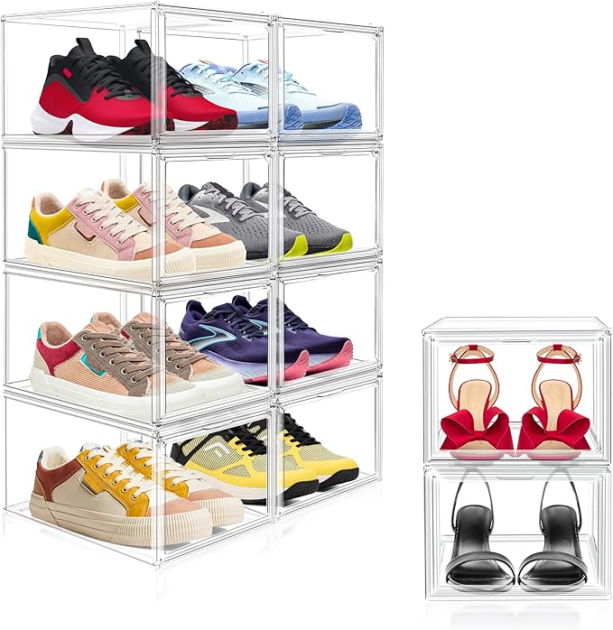 EDS FAM 2 Pack Drop Front Acrylic Shoe Boxes with Magnetic Door Fit US Size 12, Clear Stackable Shoe Organizer for Closet, Entryway, Underbed, Multiple Display Cases for Hats, Figures, Sneakers