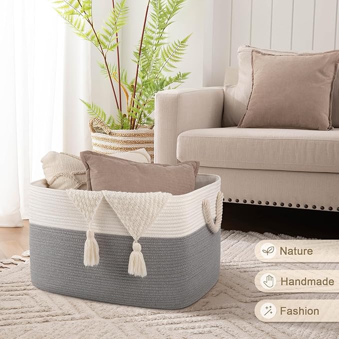 95L Extra Large Blanket Basket with Lid, 24" x 16.9" x 14.2" Woven Storage Basket for Living Room, Rectangle Nursery Blanket Storage for Toys, Towels, Dirty Clothes, Grey & White