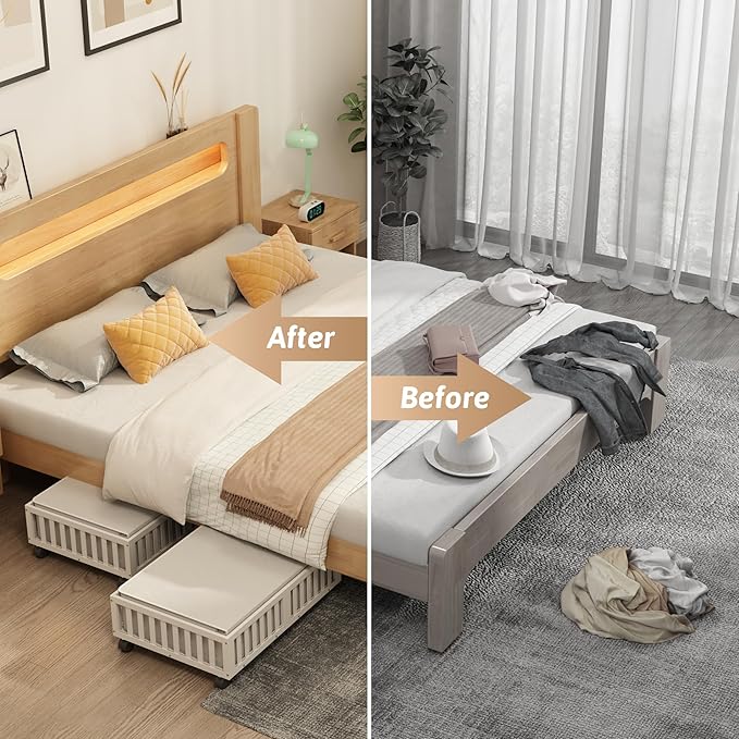 Bamboo Under Bed Storage Containers with Wheels, 2 Pack Under the Bed Shoe Storage Bins, Wood Rolling Underbed Drawers Organizer for Bedroom, Closet, Clothes Blanket Comforter and Under Crib Toy White