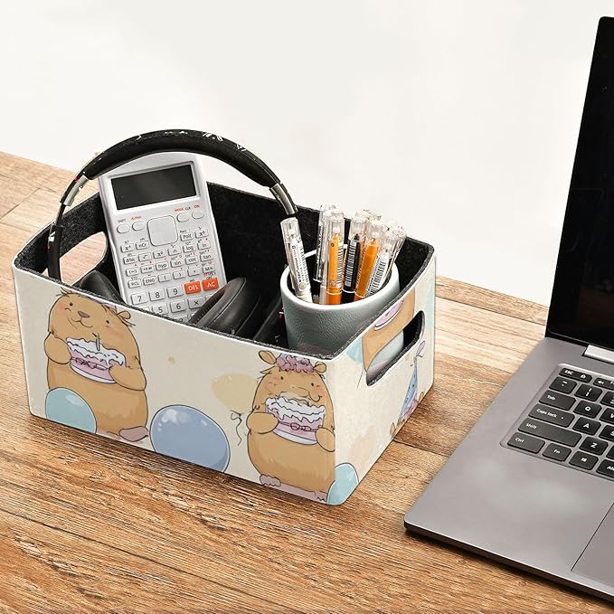 Cute Capybaras Cake Balloons Closet Storage Bins 2 Pcs Felt Open Home Storage Containers Organizer with Handles Collapsible Shelf Basket for Home Office Craft Room Classroom Fabric