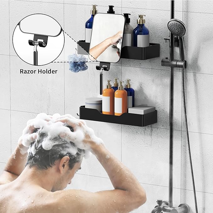 Daoun Shower Caddy Adhesive, Rustproof Shower Organizers with Removable Anti-Fog Mirror and Hooks, 2 Pack Large Capacity No Drill Bathroom Accessories Black
