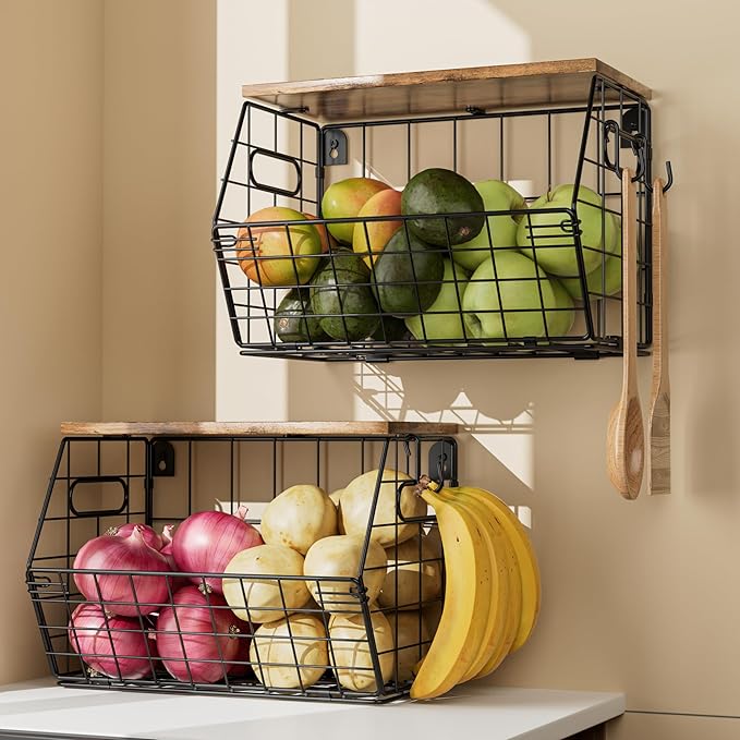 Delamu Stackable Metal Fruit Basket with Wood Lid 2 Pack, Hanging Wall Organizer for Kitchen Counter, Pantry Storage for Onions, Potatoes, Garlic, Fruits, Spices, Black