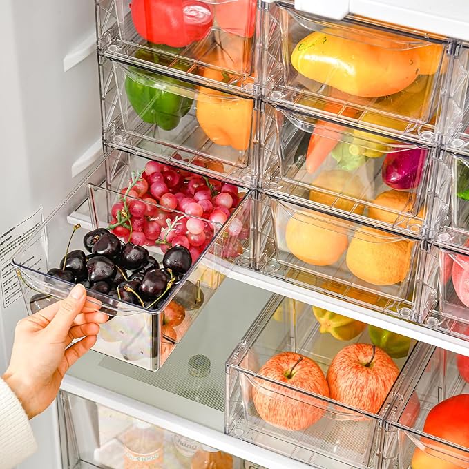 Clemate 8Pack Clear Stackable Kitchen Storage Organizer,Pantry Organizers and Storage,Foods Organizer Bins with Handles, Easily Assemble for Bathroom, Kitchen, Refrigerator, Pantry, Cabinet, Closet