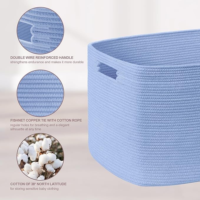 45L Small Baby Girls Laundry Basket for Nursery Storage,Cute Woven cotton Rope Baskets for Kids Toy，Gifts, Boho Square Wicker Blanket hamper for Living Room,Bedroom Dirty Clothes,Blue Purple