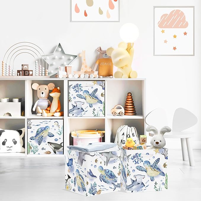 Clastyle 3 pcs Ocean Animals Cube Storage Unit Bin with Metal Frame Foldable Kallax Box for Shelves Parents Closet Organizer Basket for Book Clothes Toy Organizer, Turtle, 11.8x11.8x11.8 in