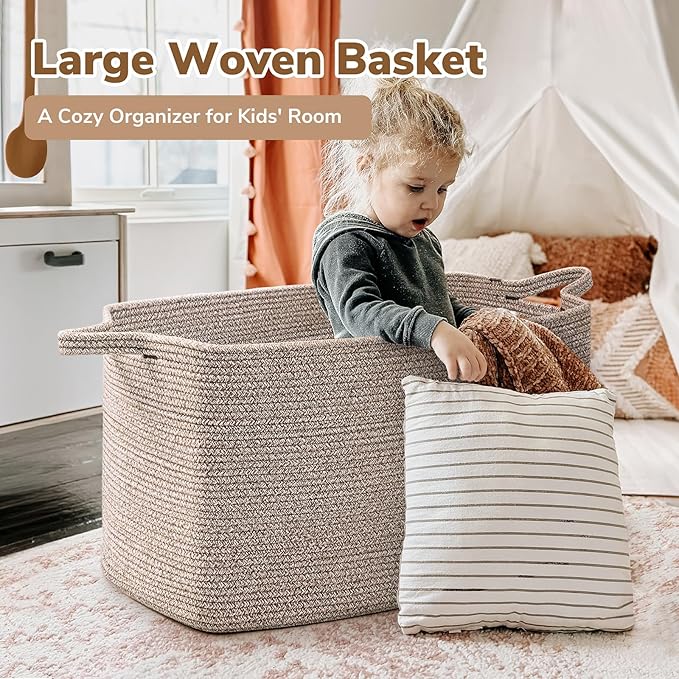 Goodpick Blanket Basket, Woven Baskets for Storage, Extra Large Storage Basket for Clothes, Toys, Dirty Clothes Basket for Laundry, Living Room, 23.6" x 15.7" x 13.8", Brown, 85L