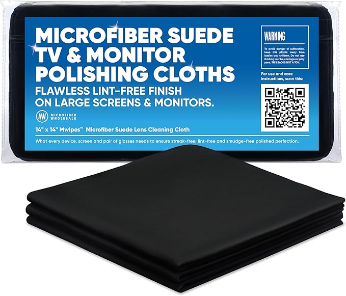 Microfiber Wholesale Premium TV Screen Cleaning Cloth Black | 14”x14” | 3pk | Soft Microfiber Suede | XLarge Reusable | No Lint Scratch-Free Durable | Large TVs Monitors