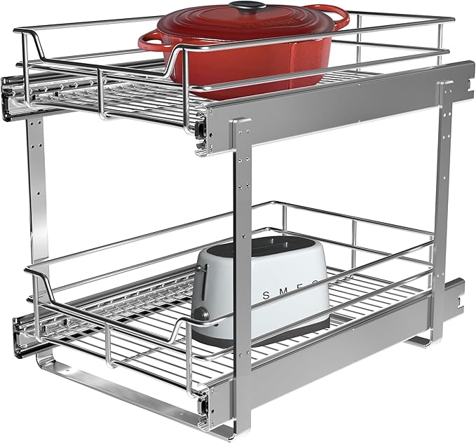 JOWBOOW 2 Tier Pull Out Cabinet Organizer (11" W x 22" D), Roll Out Shelves and Drawer for Kitchen Pantry Storage Basket, Heavy-Duty Metal Sliding Shelf