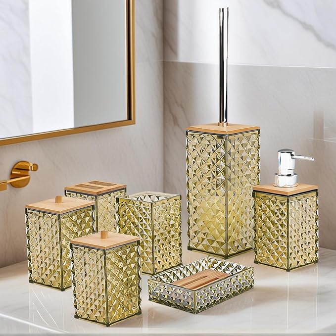 Bathroom Accessory Set,7 Pcs Beige Bathroom Set Include Soap Dispenser, Qtip Holder Dispenser, Soap Dish,Toilet Brush,Toothbrush Holder & Mouthwash Cup.Boho Bathroom Set