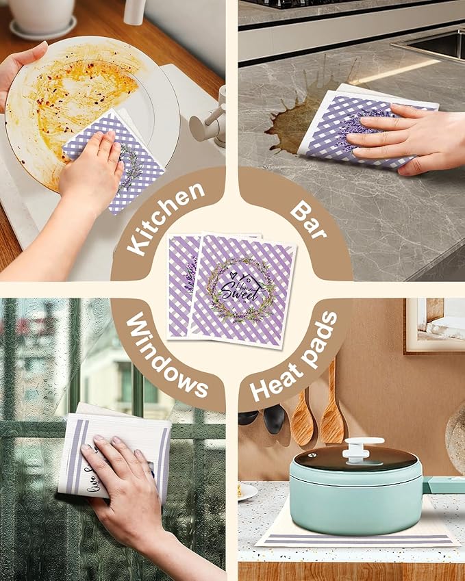Kitchen Swedish Dishcloths with Hooks - 6 Pack Reusable Dish Cloths for Washing Dishes Fast Drying Cute Fun Swedish Dish Towels Washable Cleaning Sponge, Bicycle Lavender