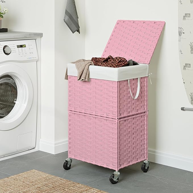Chrislley 90L Slim Laundry Hamper with Wheels, Rolling Laundry Basket with Lid and Renovable Liner Bag, Handwoven Rattan Organizer for bedroom, bathroom, laundry room (Pink)