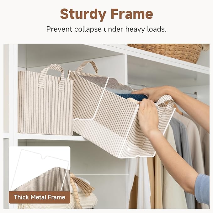 StorageWorks Storage Bins, Fabric Storage Bins for Shelves, Storage Baskets with Metal Frame, Closet Baskets and Bins with Handles, Khaki and Beige Stripes, 2-Pack