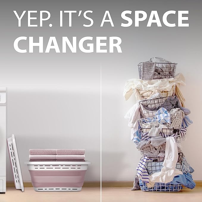 BROOKSTONE 11 GALLON XL 24" Collapsible Laundry Basket & Clothes Hamper, Comfort Non-Slip Handles, Modern Laundry Hamper with Space Saving Design, Portable Pop-Up Hamper, BPA FREE, Blush Pink, 1 Pack