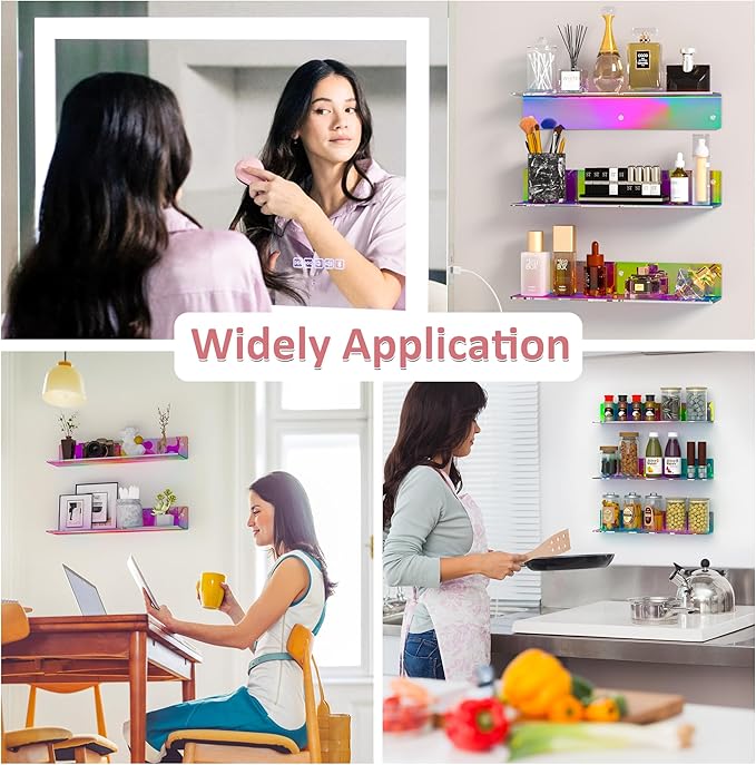 16 Inches Iridescent Acrylic Shelves, Wall Mounted Organizer Shelves for Bedroom, Clear Wall Storage Shelves for Cosmetics, Skincare, Router, Doll, Toiletries, Helmets, 2 Pack