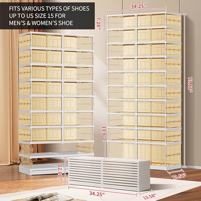 EHAMILY 10 Tiers 20-40 Pairs Foldable Shoe Boxes Large Plastic Shoe Storage Rack Collapsible Shoe Organizer For Closet Tall Shoe Shelf Clear Stackable Shoes Cabinet with Doors Entryway