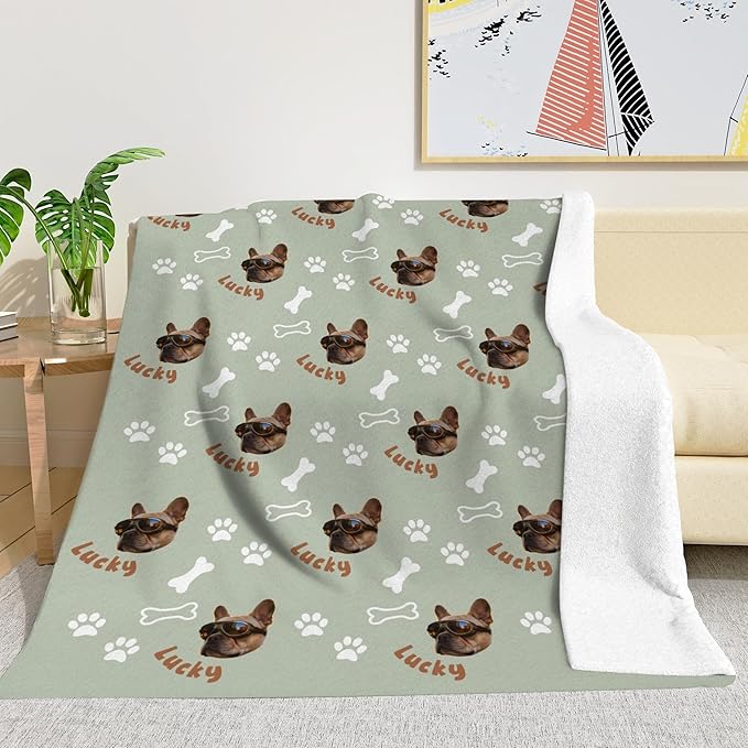 Custom Blanket with Funny Dog Face & Name Personalized Soft Warm Fleece Throw Blankets with Paw Bones Customized Throws for Couch Bed Sofa Unique Gifts for Dog Dad Mom Pet Lovers