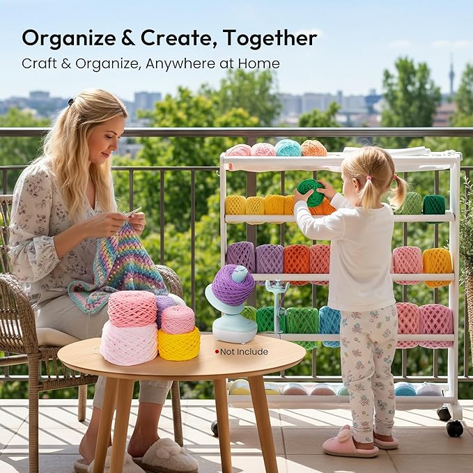 Yarn Storage Organizer, 5 Tier Wooden Cart for Yarn Cake Organize, Mobile Yarn Rack with 4 Rolling Wheels, Side Hooks & Pouch for Knitting Crochet Supplies, Ideal for Craft Room Organization(White)