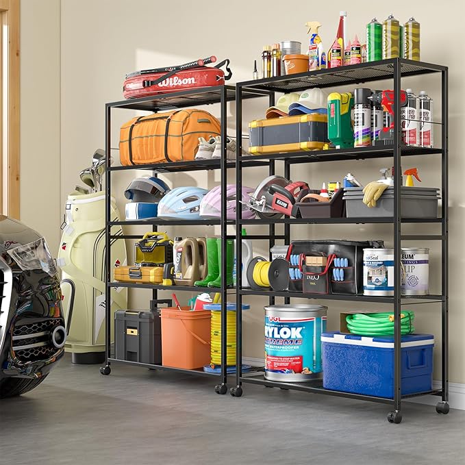 5 Tier Metal Shelving Unit, Storage Shelving with Adjustable Shelves, Extra Wide Metal Storage Rack with Wheels for Kitchen, Garage, Pantry & Closet Organizer, 32.7" L x11.8 D x 51.5" H