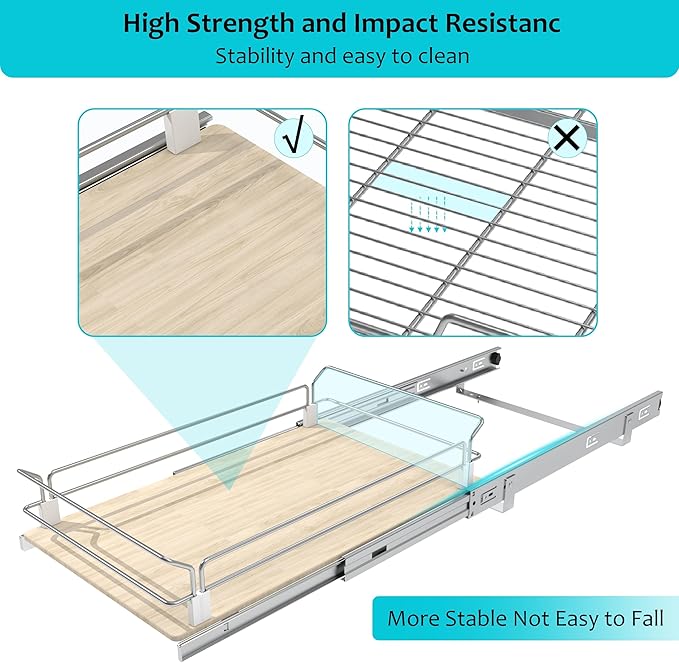 Pull Out Cabinet Organizer 15" W X 22" D, Slide Out Drawers For Kitchen Organizers and Storage, Pull Out Drawers For Cabinets Capacity Heavy Duty Caddy, Cabinet Shelves Wood Chrome, Pantry Storage