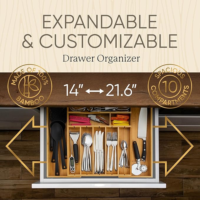 Night Tree 2.5” Extra Deep Silverware Drawer Organizer with Adjustable Dividers – Expandable Bamboo Flatware Tray for Kitchen, Reinforced Wood Cutlery Holder (14"-21.6" Wide)