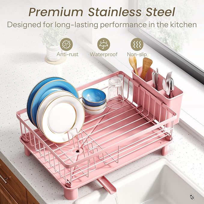 SNTD Dish Drying Rack - Small Dish Rack for Kitchen Counter, Stainless Steel Dish Drainer with Utensil Holder and Drainboard, 11" W x 15" L (Pink)