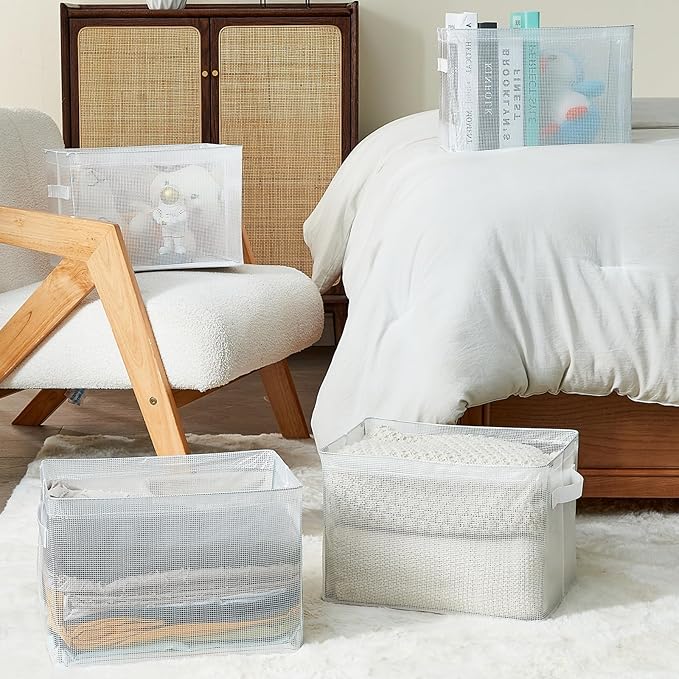 Clear Large Storage Baskets for Shelves, Collapsible Storage Bins with Handles for Clothes, Sheets, Books | Shelf Baskets for Home and Closet Organizer (Clear, 3 Pack)