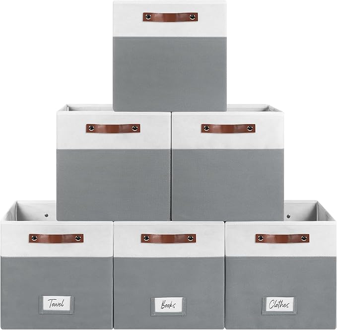 6-Pack Storage Cubes with Handles & Label Holders Basket, Closet Cube Home Organizer Bins(White/Dark Grey, 13 x 13 x 13 inch)