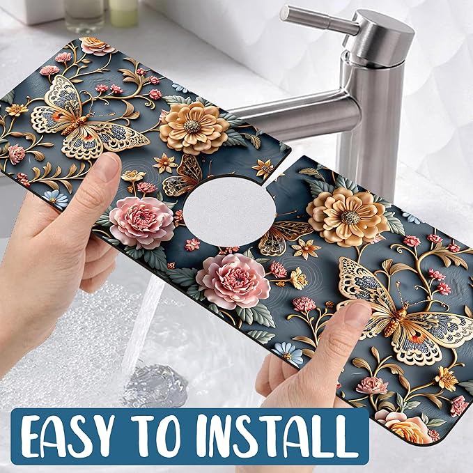 Gold Butterfly Sink Splash Guard Faucet Mat Pink Floral Super Absorbent Fast Drying Mat Sink Gadgets-Splash Guard Behind Faucet Drip Catcher for Kitchen Bathroom, 15.5"x5.5"
