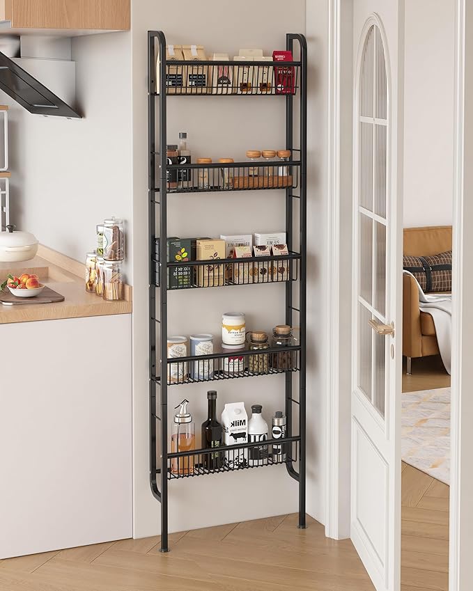 UMDONX Behind The Door Bathroom Shelf Narrow 5-Tier, Space-Saving Slim Storage Shelf Narrow Shelving Unit for Bathroom and Kitchen Black