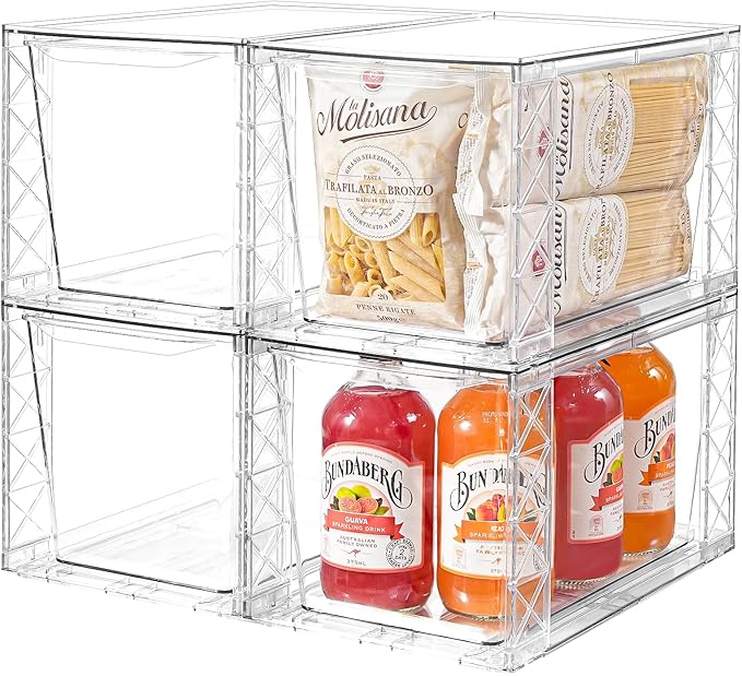 Clemate 4Pack Stackable Kitchen Storage Organizer, Pantry Organizers and Storage, Clear Foods Organizer Bins with Handles, Easily Assemble for Bathroom, Kitchen, Pantry, Cabinet, Closet