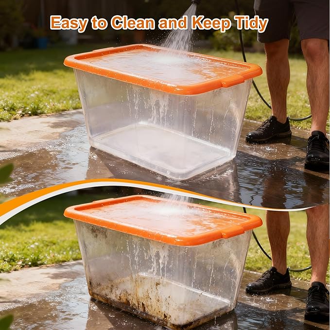 Storage Totes with Lids - Made in USA 14.5-Gallon (58-Quart) 4-Pack Orange Storage Bins with Lids Plastic Storage Containers Large Storage Boxes for Organizer Orange/Clear