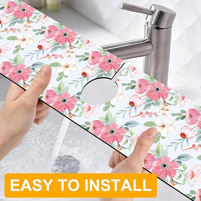 2 Pack Watercolor Floral Sink Faucet Absorbing Mat White Pink Flowers Super Absorbent Fast Drying Mat Sink Gadgets Behind Faucet Sinkmat for Kitchen Bathroom, 23.5"x5.5"