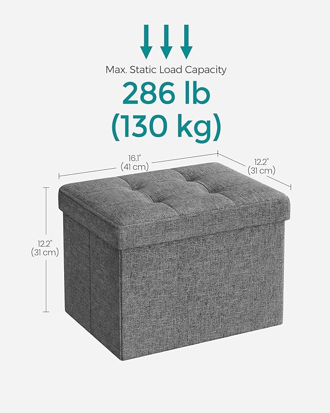 SONGMICS Mazie Collection - Small Folding Storage Ottoman, Foot Rest Stool, 12.2 x 16.1 x 12.2 Inches, 286 lb Load Capacity, for Living Room, Bedroom, Home Office, Dorm, Dark Gray ULSF102G01