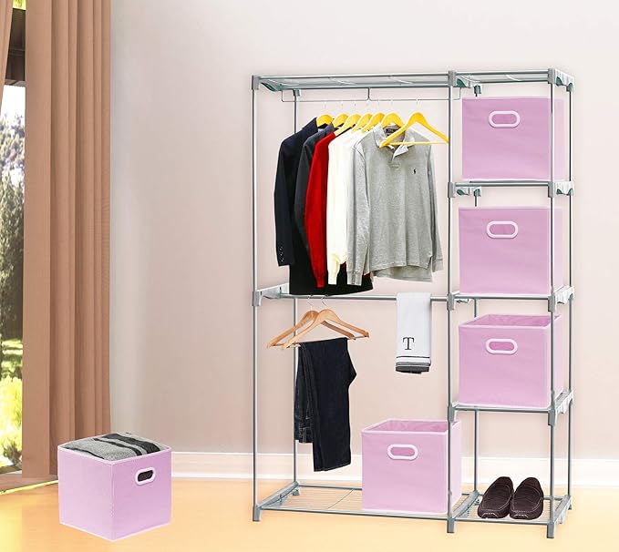 Simple Houseware Foldable Cube Storage Bins with Handles, 11-Inch, Pink, 6-Pack, Fabric Cubes Organizer for Closet or Shelves