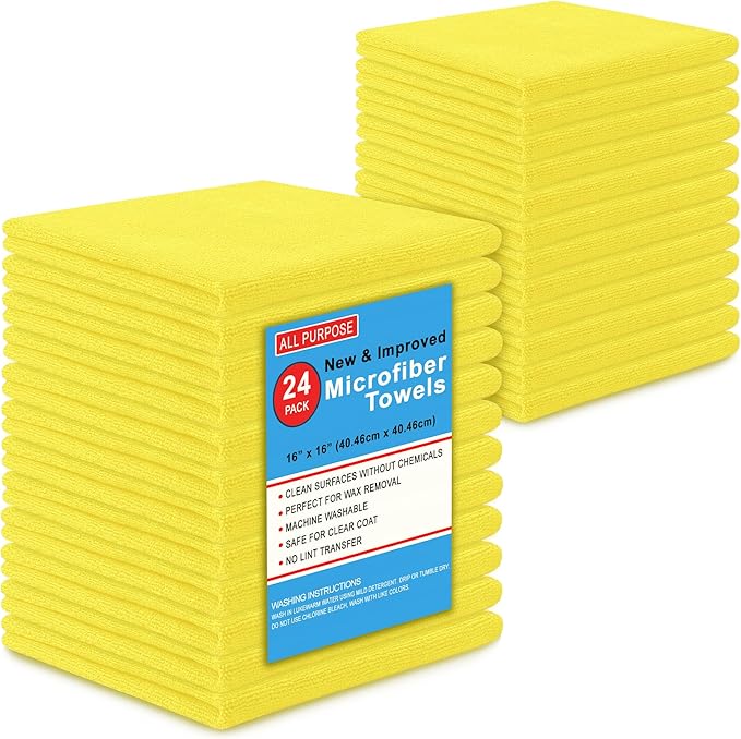 Blue Horizon Microfiber Cleaning Towels, Pack of 24, Ultra Soft Plush Washcloth, All Purpose Premium Microfiber Detailing Cleaning Cloths Reusable Shop Towels (16" x 16", Yellow)