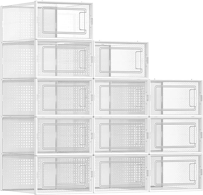 SONGMICS Shoe Boxes, Pack of 12 Shoe Storage Organizers, Stackable Clear Plastic Boxes for Closet, Sneakers, 13.1 x 9.1 x 5.6 Inches, Transparent and White ULSP12SWT