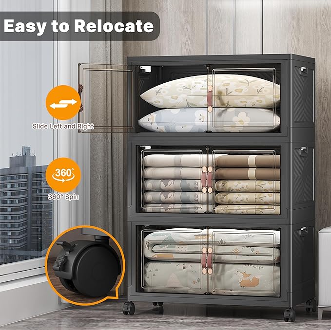 Extra Large Stackable Storage Bins with Lids & Wheels & Door, 960QT-160QT/40GAL*6Pack Foldable Collapsible Closet Organizers, Plastic containers drawers for bedroom Dorm