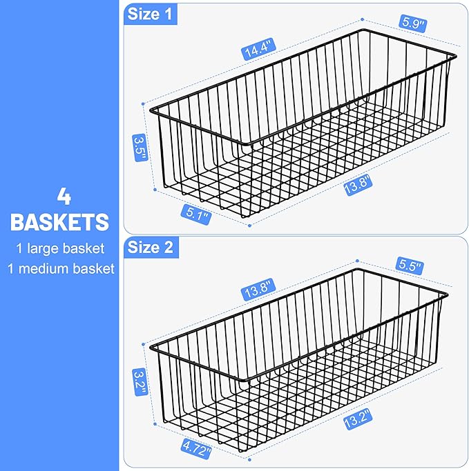 Wetheny Black Wire Basket Wall Mounted(4 Pack) - Metal Toilet Paper Storage Basket - Rectangular Wire Baskets for organizing Kitchen,Bathroom,Countertop