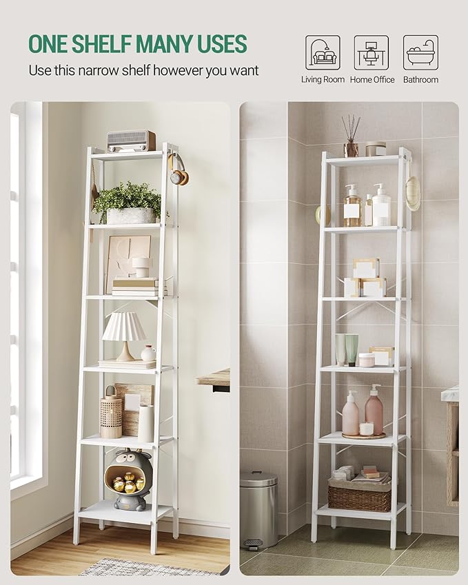 Ladder Shelf, Bookshelf Bookcase, Freestanding Corner Storage Shelve with 2 Hooks for Home Office, Living Room, Kitchen, Bedroom, Industrial, 6-Tier White BC13313W