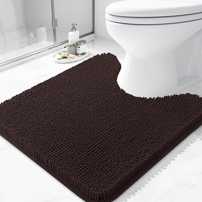 Arotive Bathroom Toilet Rugs U Shaped 24x24, Extra Soft Absorbent Shaggy Chenille Contour Bath Rugs for Toilet, Machine Washable Non-Slip Contoured Bath Mats, Brown